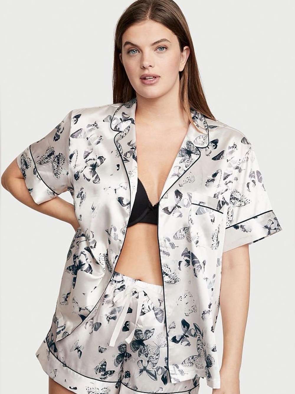Victoria's Secret Light Blue Butterfly-Print Short Sleeve Shirt with Black Trim